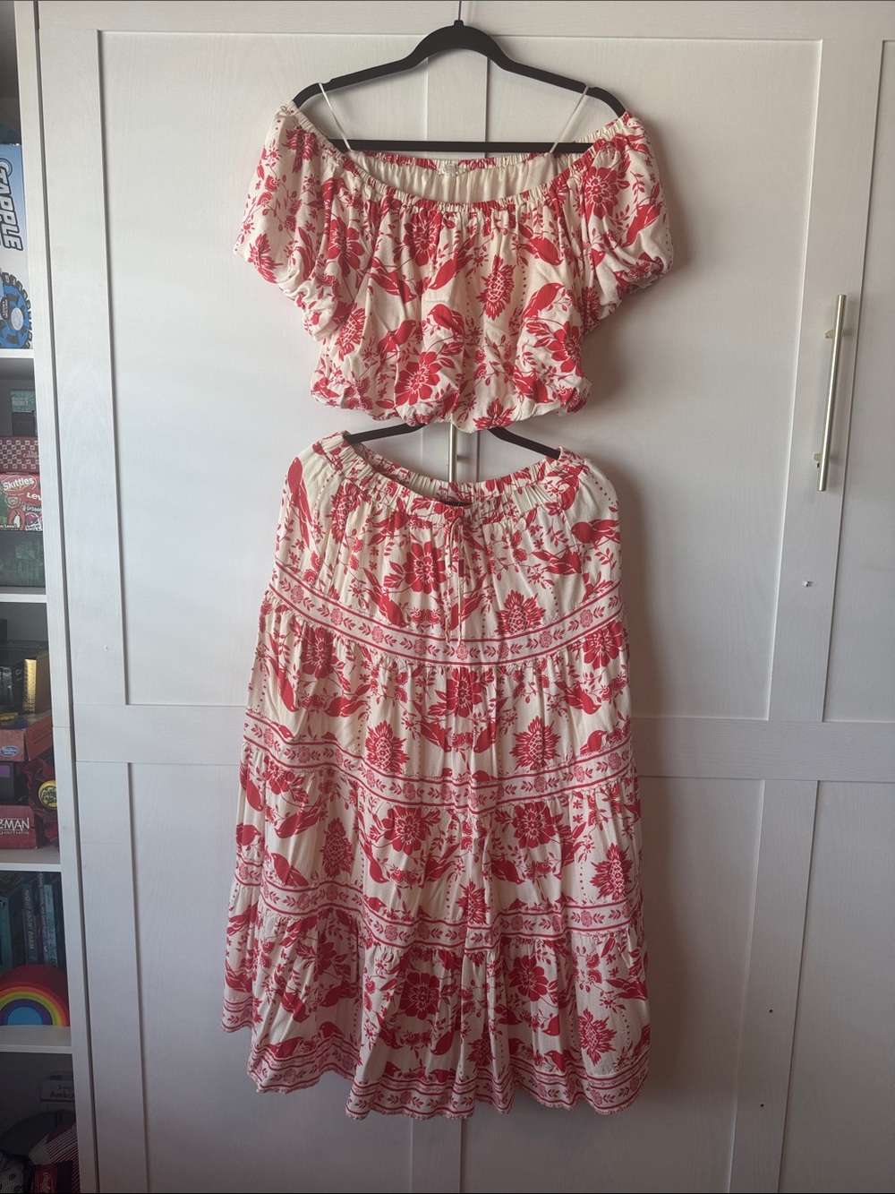 Blu Pepper Floral Red and Cream Tiered Maxi Skirt crop top set